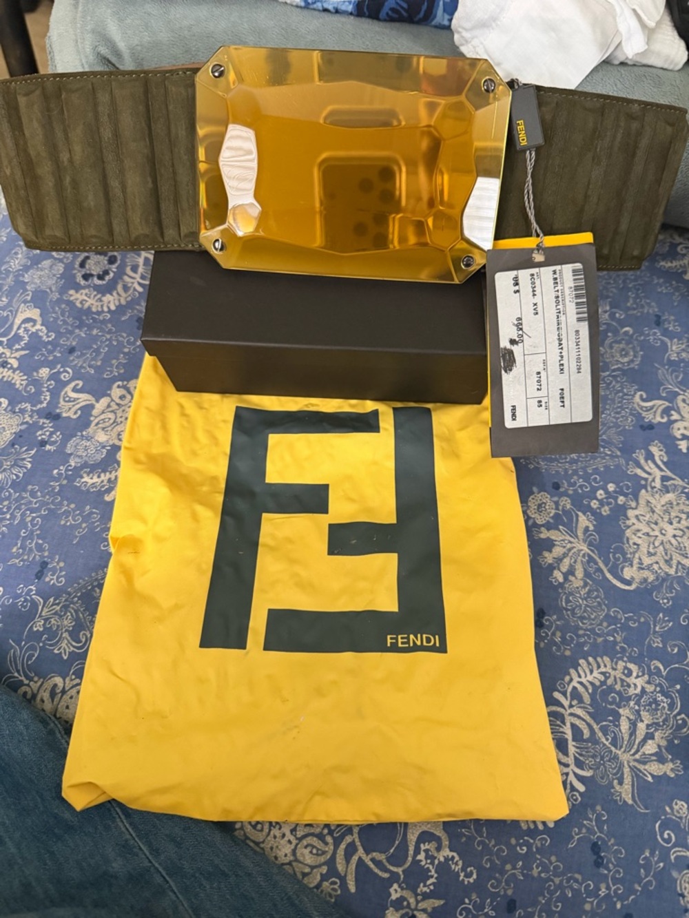 Fendi Olive Suede Belt with Amber Resin Shield Buckle